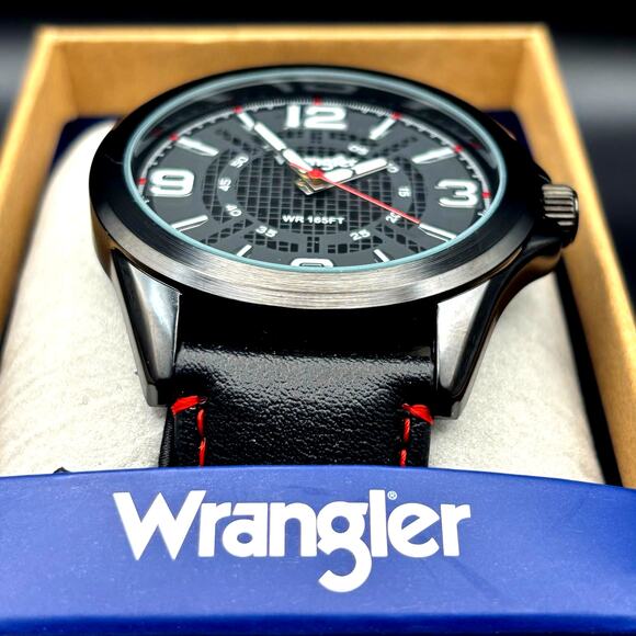 Wrangler WRW2400-1A Mens Black Analog Watch Black Leather Red Stitching Strap - Picture 7 of 17